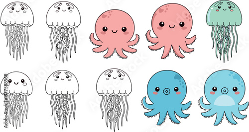 Cute jellyfish and octopus kawaii vector set with cartoon sea creatures, adorable marine animals collection for kids design and clipart use