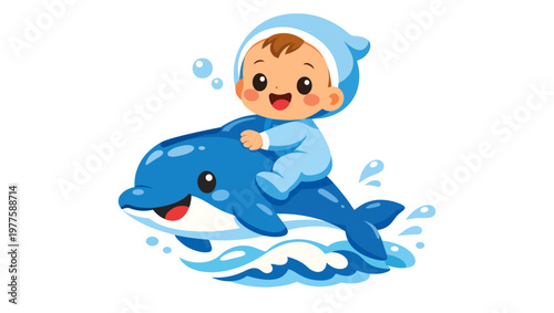 Baby Riding Dolphin Vector Icon  Cute Cartoon Ocean Adventure Illustration Isolated on PNG Background, baby, dolphin, cartoon, playful, cute, whimsical, joyful, ocean, sea, water, marine life, 