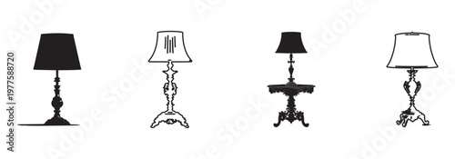 set of vintage table lamps in black and white vector illustration