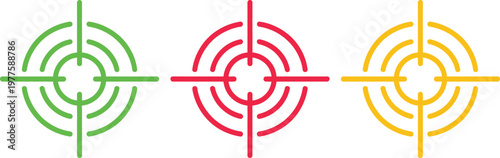 Three crosshair targets with different colored designs and patterns