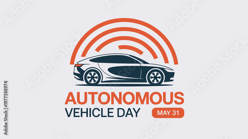 Autonomous Vehicle Day Commemorative Logo with Self Driving Car Silhouette and Sensor Waves for Future Transportation and Automotive Innovation