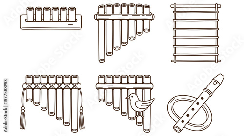 Set of panpipes and wooden flutes in various styles.
