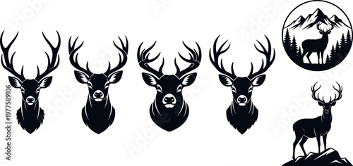 Deer head silhouette vector set with antlers, wildlife stag icons, forest animal logo collection, hunting emblem designs