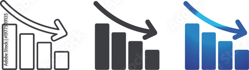Financial Loss and Market Crash Bar Graph Icon Set with Descending Arrow in Outline Solid and Blue Gradient for Economic Data Analysis