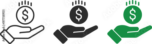Minimalist Business Finance Icons Set Featuring Hand Holding Dollar Coin in Outline Solid and Green Styles for Investment and Banking