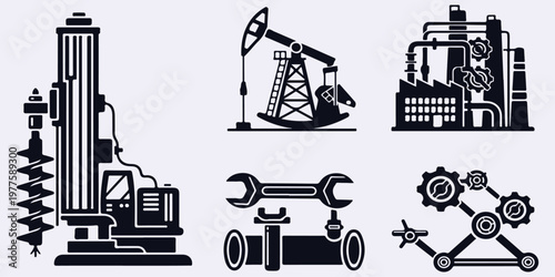 An illustration of various industrial tools and machinery used in manufacturing and construction