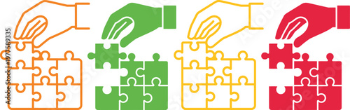 Hands assembling diverse colored puzzle pieces to complete a picture