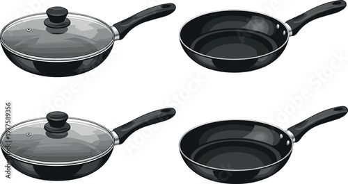Frying pan set with lid and open cookware realistic vector illustration kitchen utensils collection isolated background