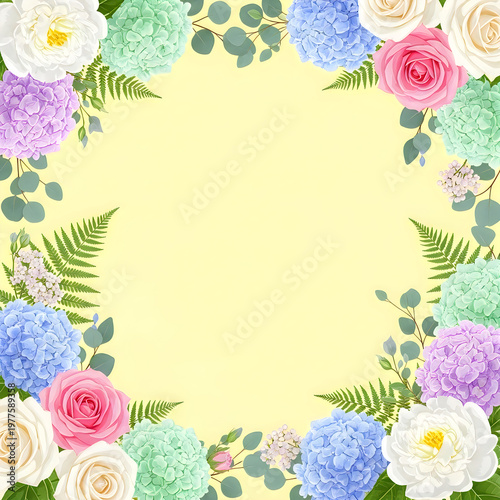 Floral frame with hydrangea, roses, and eucalyptus on yellow background