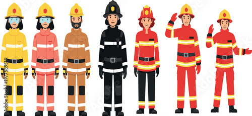 Firefighter characters set with different uniforms and poses flat vector illustration emergency service workers collection isolated background