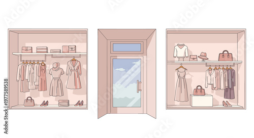 A charming illustration of a well-organized closet, evoking a sense of style and personal organization. Suitable for fashion blogs, marketing material