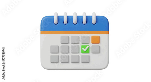 Vector illustration of 3d calendar icon with a green checkmark on a specific date on a transparent background