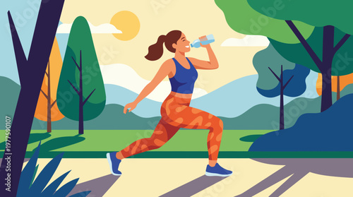 A vibrant image of a woman jogging through a scenic park, hydrating with water, symbolizing health, fitness, and the joy of exercising outdoors in a beautiful environment.