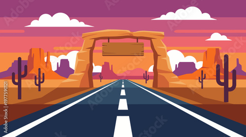 A stunning desert scene showcasing a picturesque rock formation and a winding road under a vibrant sunset sky, capturing the essence of adventure and exploration.