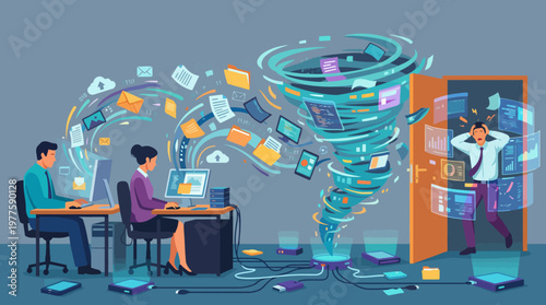 A conceptual illustration depicting a chaotic data flow, with swirling information and various digital content elements, representing the challenges of modern technology.