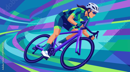 An energetic cyclist is captured in motion against a backdrop of swirling colors, representing speed, determination, and the thrill of athletic achievement.