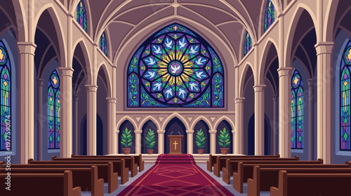 The stunning interior of a church showcases tall arches and beautiful stained glass windows, reflecting a sense of tranquility, reverence, and historical significance.