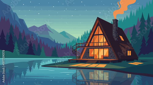 A cozy cabin is portrayed next to a serene lake under a starry night sky, illustrating a peaceful retreat in nature, ideal for relaxation and escape from daily life.