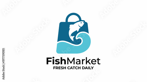 An attractive logo design for a fish market displaying a fish swimming within a shopping bag symbolizes freshness and quality seafood, suitable for branding and marketing.