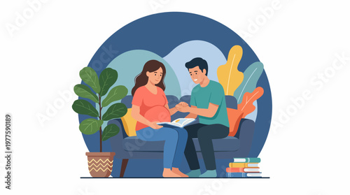 A joyful couple expecting a baby is seen reading together on a cozy sofa, capturing a moment of intimacy, love, and preparation for their new family member.