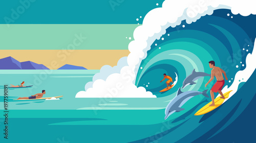 An exhilarating scene of surfers riding ocean waves alongside playful dolphins, capturing the essence of sea adventure, freedom, and the beauty of nature.