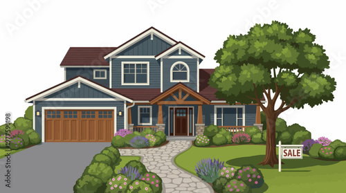 A stunning blue house for sale surrounded by lovely landscaping, featuring a pathway, vibrant flowers, and a charming tree, perfect for potential homeowners and investors.