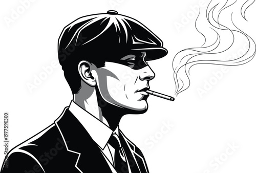 Man in flat cap and suit smoking cigarette with smoke rings coming out of mouth.
