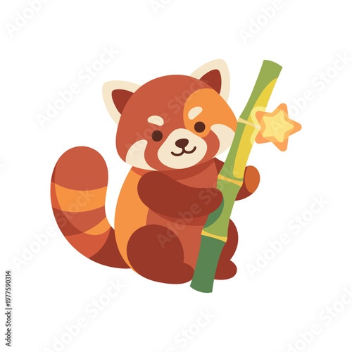 An adorable illustration of a red panda holding bamboo, showcasing a playful character design that invites joy and affection, perfect for children and animal lovers.