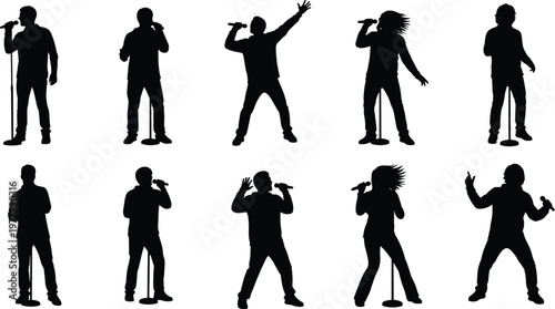 Set of ten silhouette singers performing on stage with microphones and musical instruments.