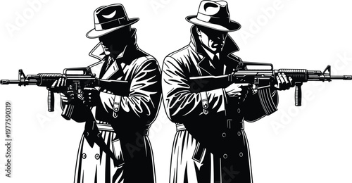 Two gangsters in trench coats and hats holding assault rifles ready for action.