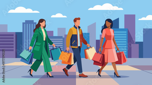 Three fashionable young adults carry colorful shopping bags in a city setting, representing modern urban life and the joy of shopping and socializing.