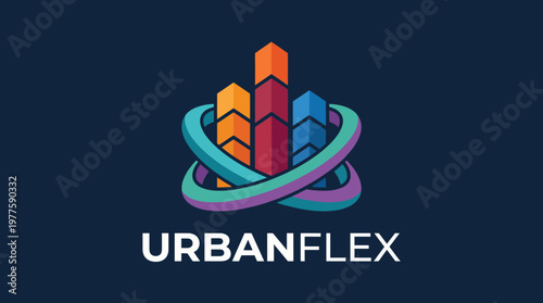 An abstract logo design features intertwined shapes representing skyscrapers, evoking a modern urban landscape with creative and innovative possibilities.