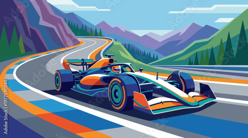 A high-speed race car maneuvers through a picturesque mountain road, embodying excitement and the thrill of motorsport in a stunning natural landscape.