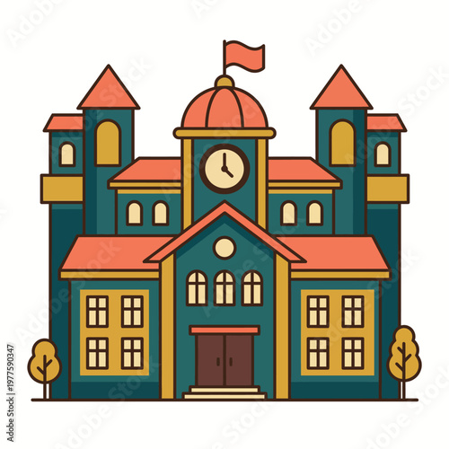 A vibrant, stylized illustration of a school building with distinct architectural features, symbolizing education and the pursuit of knowledge in a cheerful environment.
