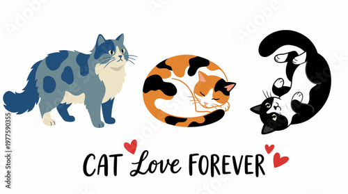 This delightful illustration features three charming cats showcasing their individual personalities with playful and loving expressions, perfect for cat lovers everywhere.