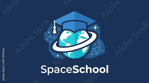 An imaginative logo design for SpaceSchool, symbolizing education and exploration in space science with a creative blend of elements representing the Earth and cosmos.
