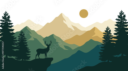 A tranquil silhouette of a stag standing against a serene mountain landscape at sunset, capturing the essence of nature and wildlife in beautiful harmony.