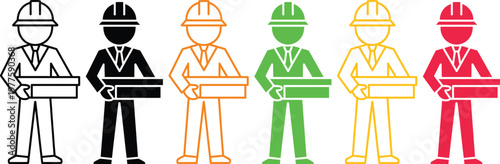 Diverse construction workers holding plans in various uniform colors