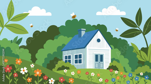 This picturesque illustration depicts a cozy house nestled in a vibrant garden filled with colorful flowers and buzzing bees, embodying the beauty of nature and home.