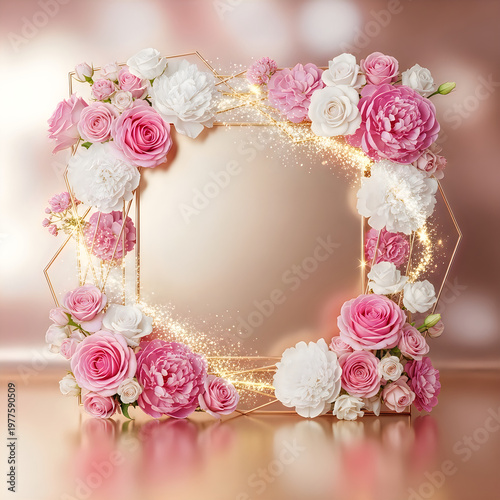 Elegant floral frame with pink and white roses and golden geometric border