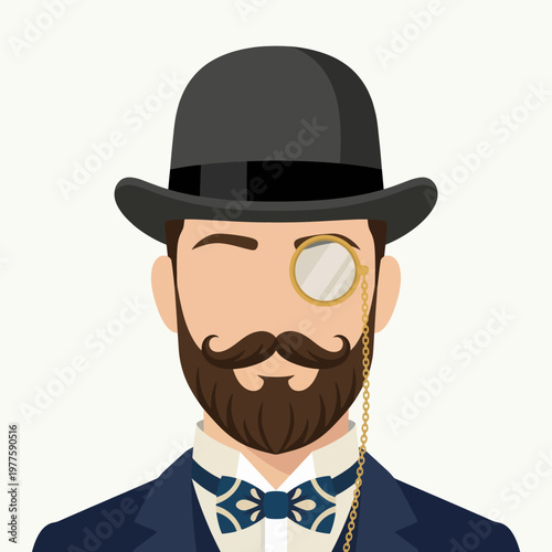 A stylish gentleman wearing a top hat and monocle, exuding elegance. His confident wink and detailed bow tie show a perfect blend of vintage and modern fashion sense.