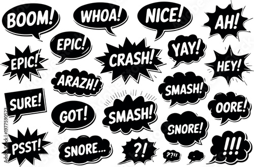 A collection of comic book style speech bubbles with various expressions on a transparent background