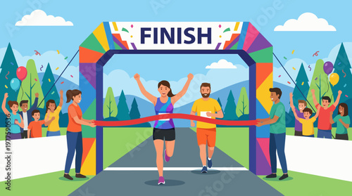 Runners crossing the finish line, celebrating their achievements amidst cheering crowds. The vibrant colors and joyful atmosphere capture the essence of athletic spirit.