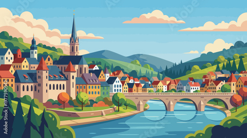 A picturesque village nestled by a river, surrounded by lush hills. This enchanting scene captures the essence of rural beauty and harmony with nature in a vibrant palette.
