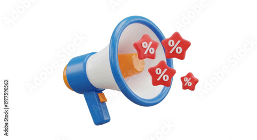 Vector illustration of 3d megaphone with red star percentage icons for promotional marketing on a transparent background