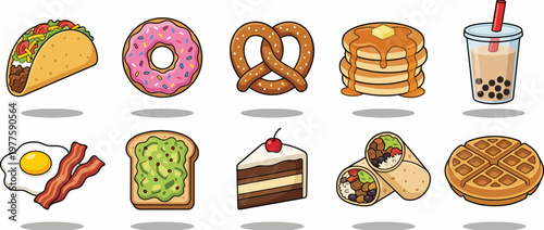 This vibrant image showcases a delightful assortment of snacks, including tacos, donuts, and pancakes, appealing to a variety of tastes and cravings.