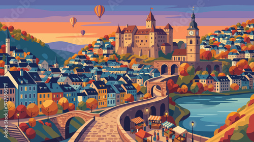 A picturesque illustration of a European town with a castle, colorful buildings, and hot air balloons, capturing the essence of adventure and exploration in travel.