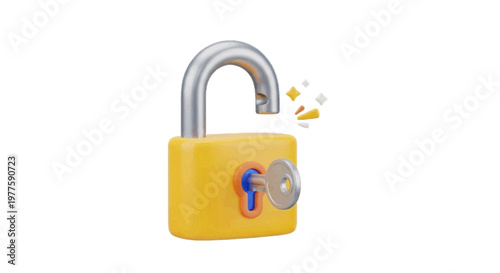Vector illustration of 3d render of an unlocked yellow padlock with a key inserted on a transparent background