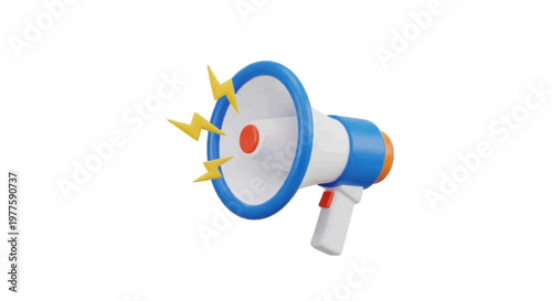 Vector illustration of 3d rendering of a blue and white megaphone on a transparent background