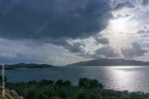 Beautiful coastal landscape of with small islands and island Corfu in the bay of Ksamil, Albania